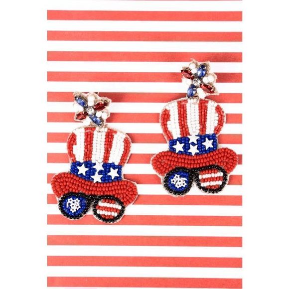 PATRIOTIC HAT AND GLASSES SEED BEAD EARRINGS - Picture 1 of 4